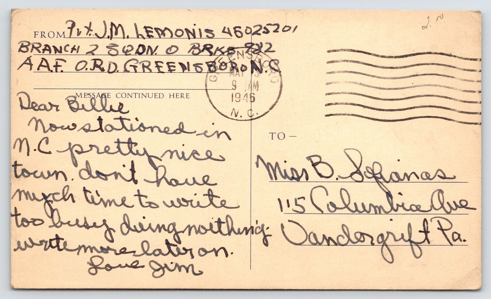 Greensboro NC Army Air Force ORD Soldier Mail Pvt (CPL) James M Lemonis WWII 