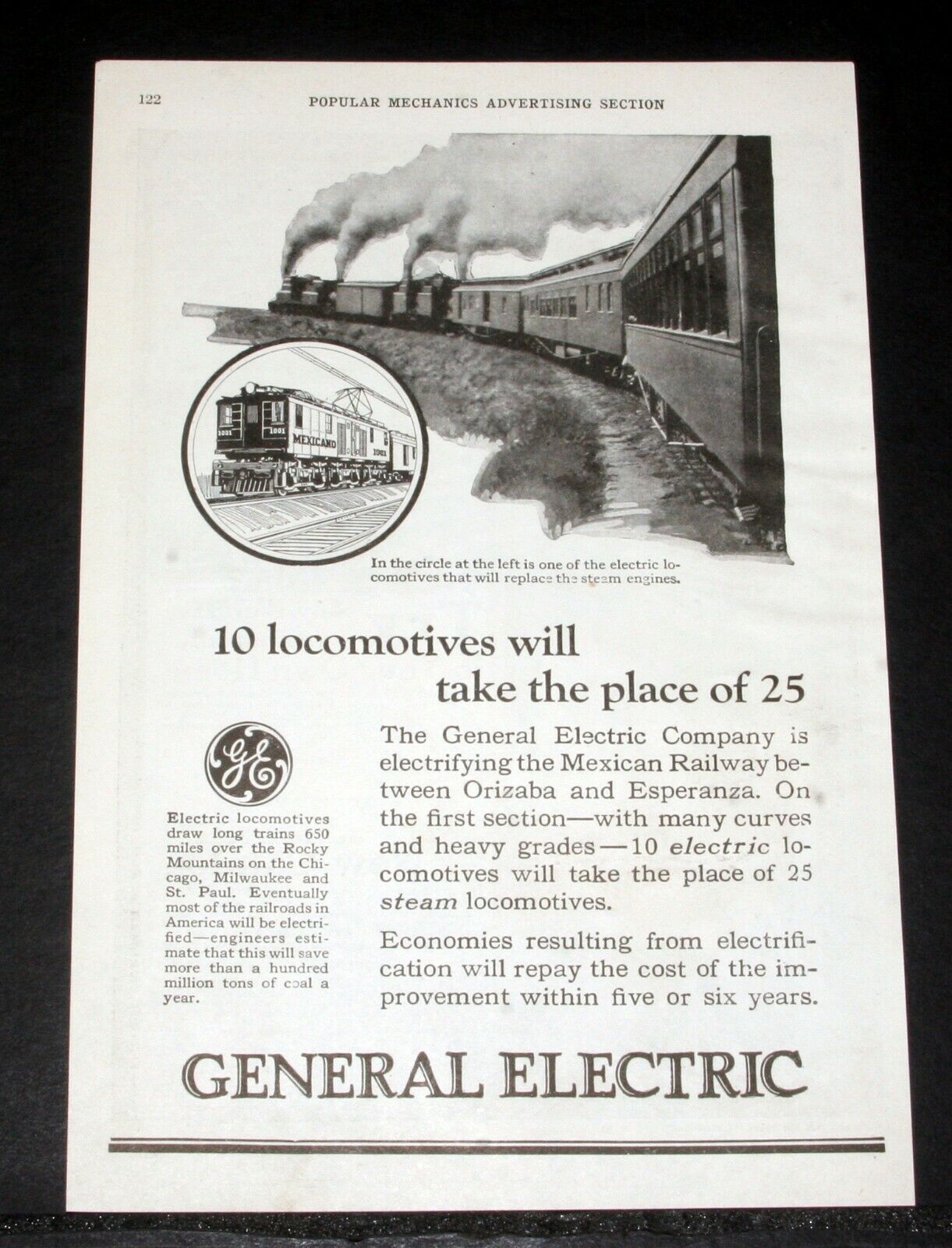 1924 OLD MAGAZINE PRINT AD, GE LOCOMOTIVES, 10 WILL TAKE THE PLACE OF 25 