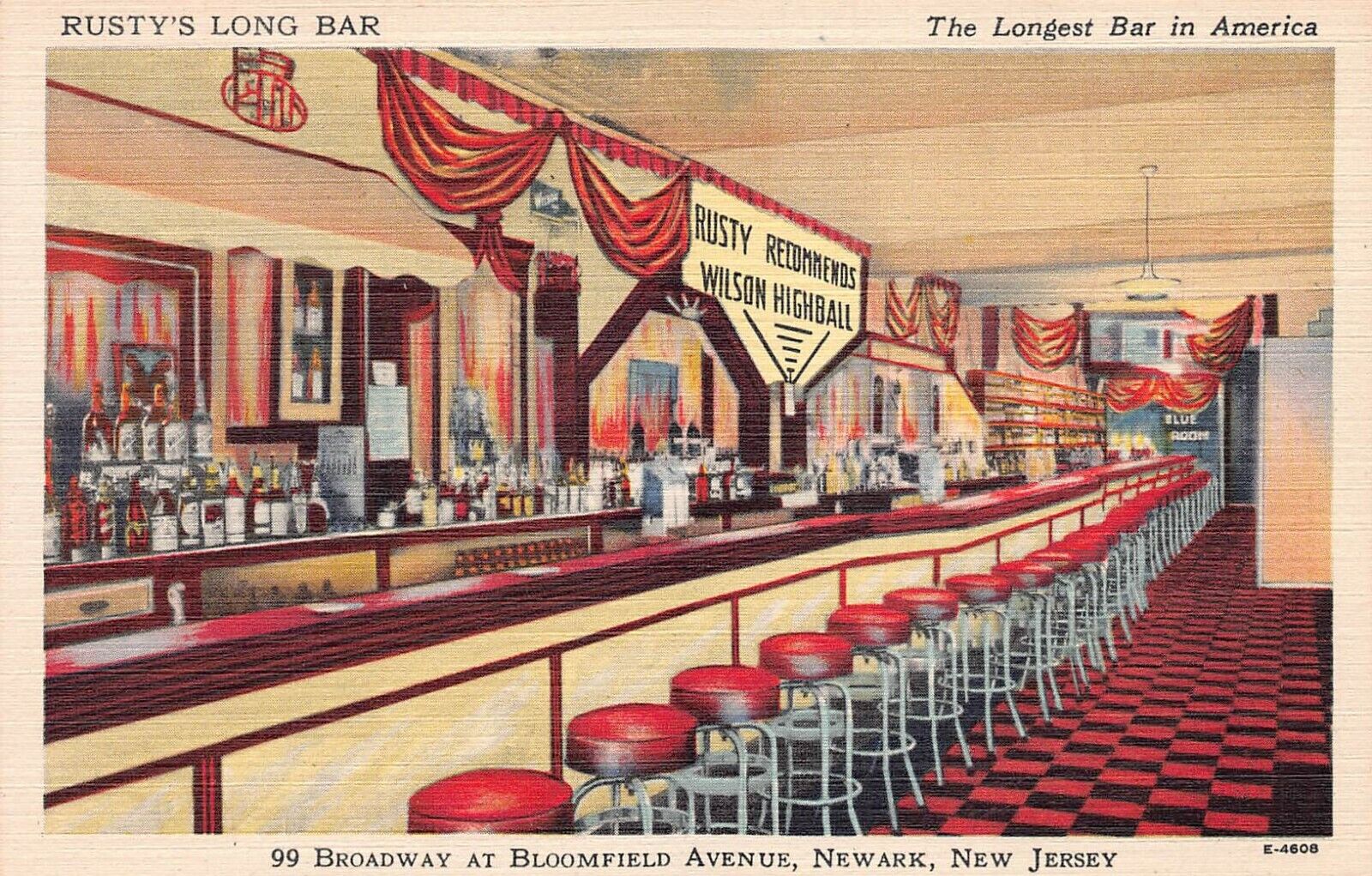 Rusty\'s Long Bar, Bloomfield Ave., Newark, N.J., Early Linen Postcard, Unused 