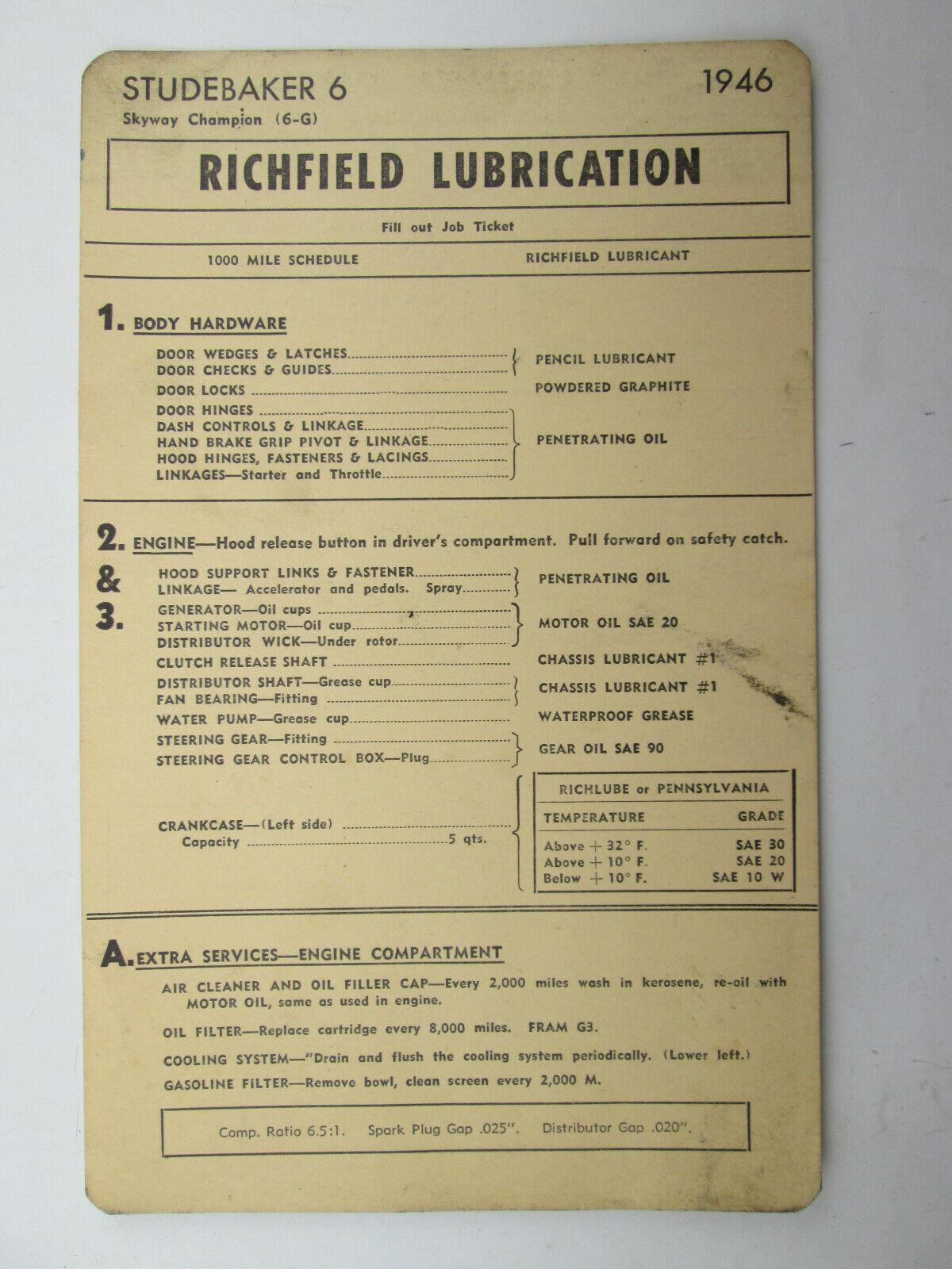 Richfield Lubrication Reference Card for Studebaker 6 Skyway Champion 1946