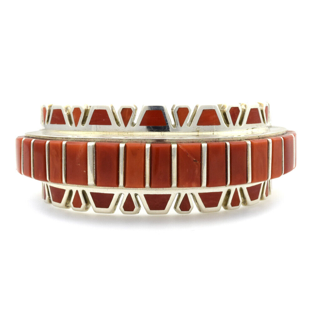 Vernon Haskie - Navajo Coral Channel Inlay and Silver Bracelet, Size 6.5