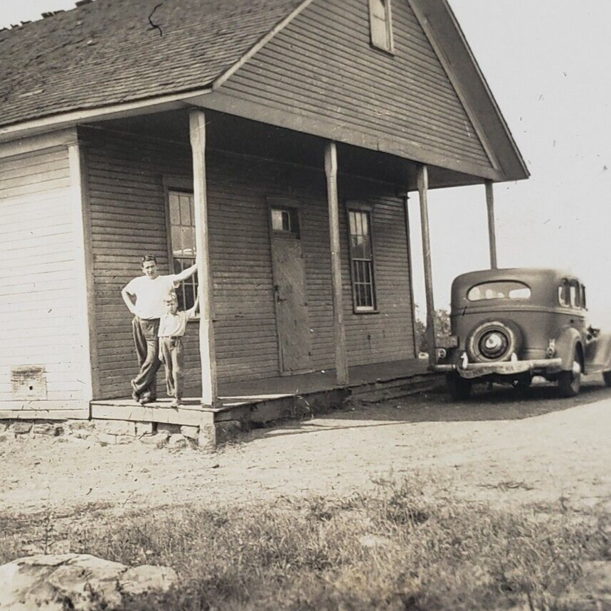 Ashtola School Somerset Pennsylvania Photo 1940s Vintage Snapshot Man Car E368