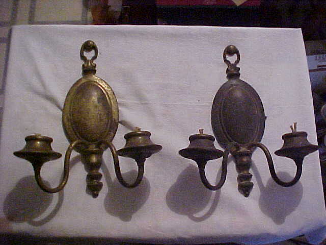 2 Colonial Style CAST BRASS 2 Arm Candle Electric Wall Sconces Bradley Hubbard ?