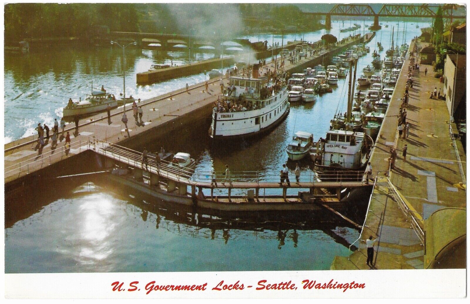 US Government Locks Hiram Chittenden Puget Sound Seattle WA Vtg Postcard boats