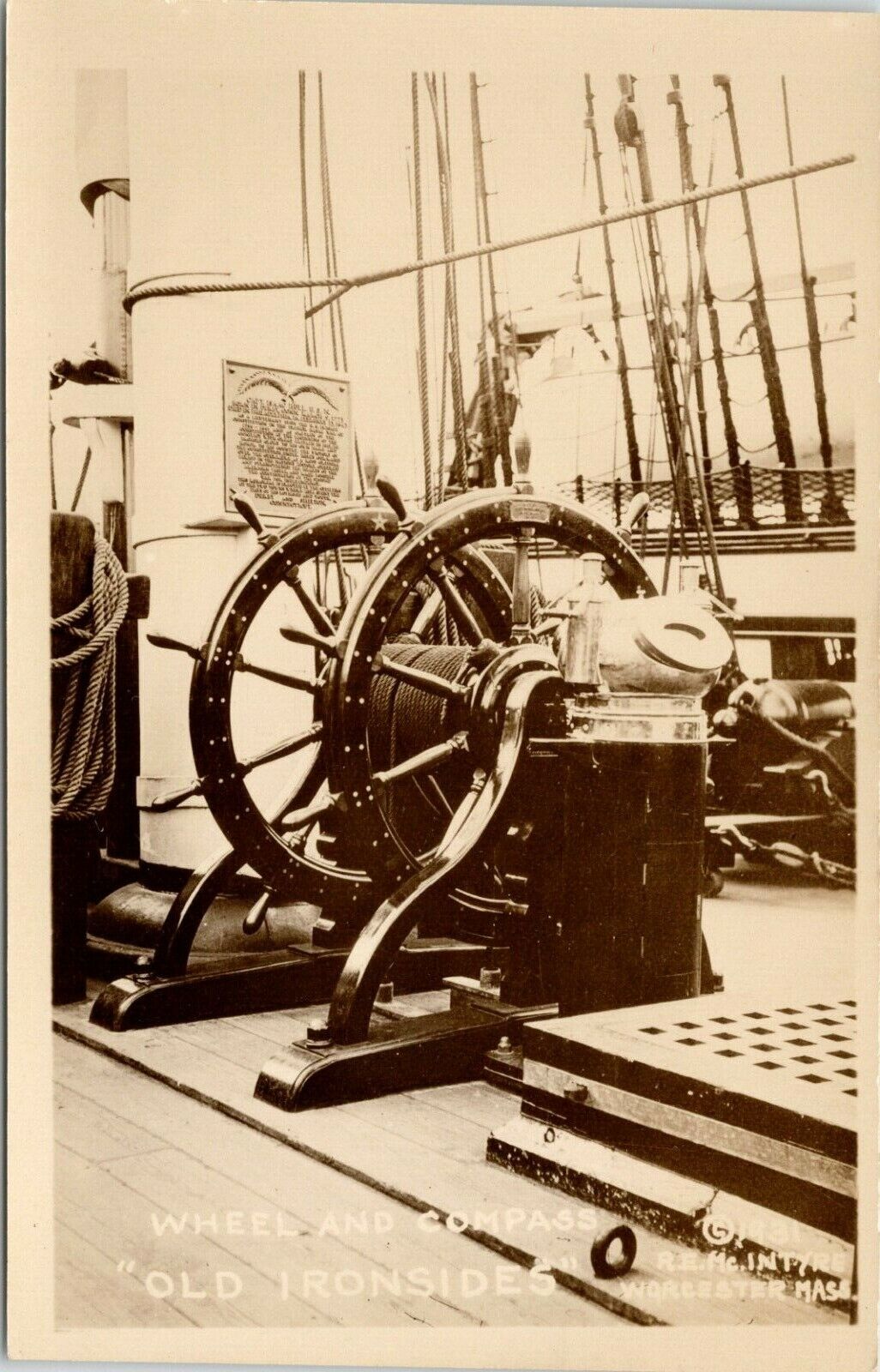 RPPC Worcester MA OLD IRONSIDES Ship Wheel & Compass Massachusetts Postcard 925