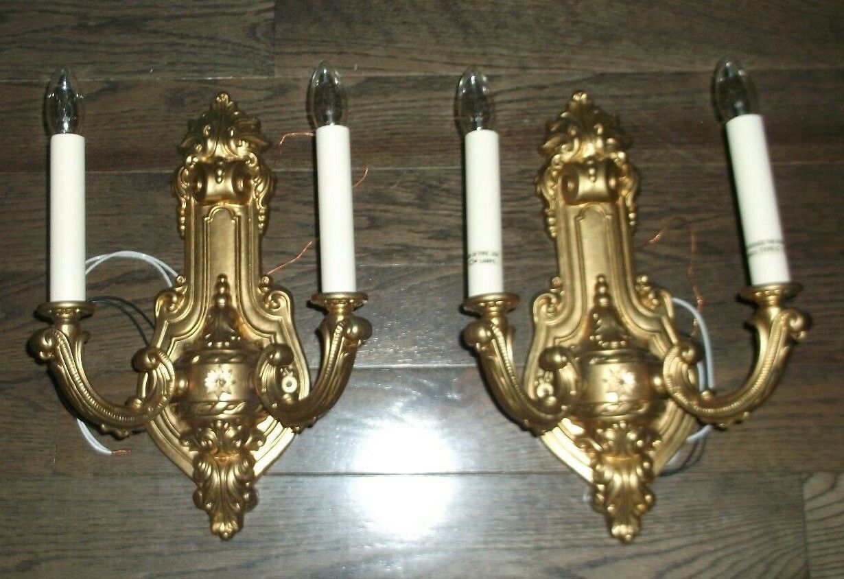 Pair Gold Painted Cast Metal  DB Light Wall Sconces 
