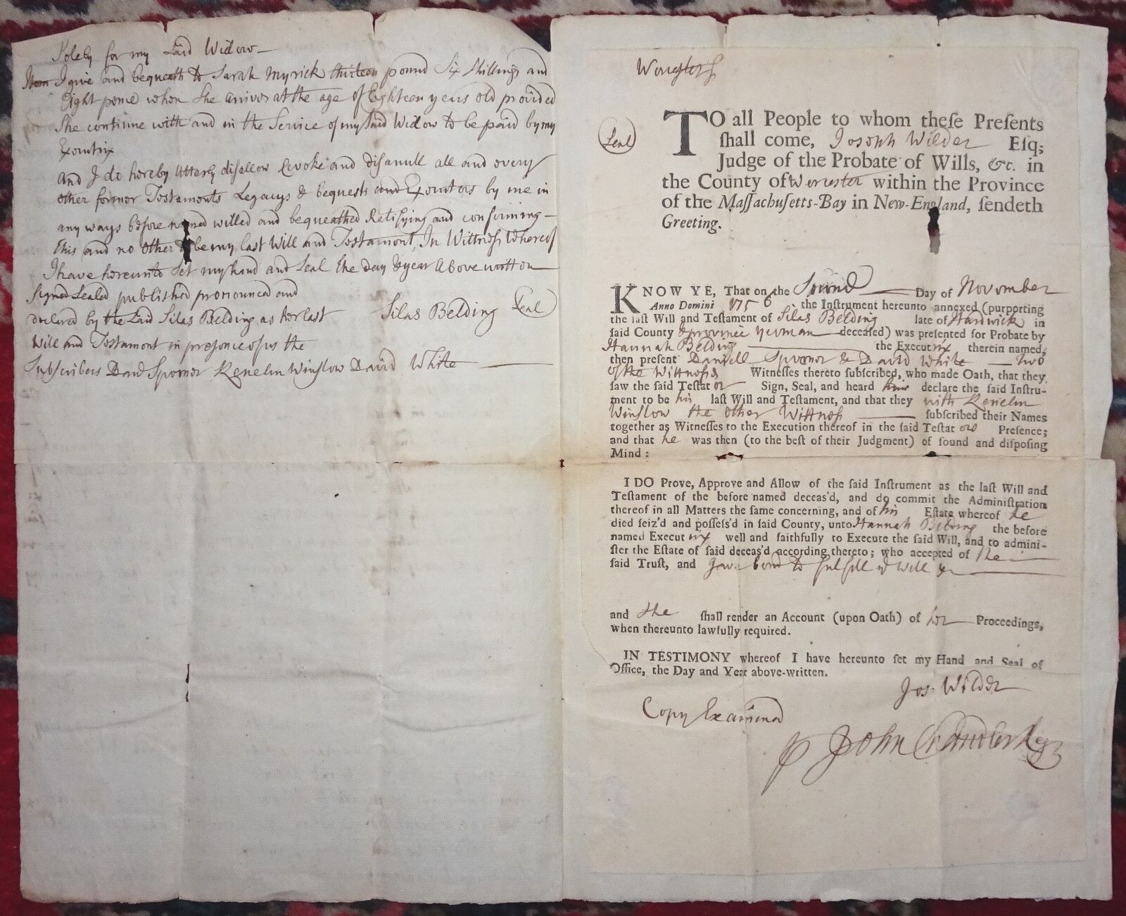 American Manuscript Last Will & Testament BELDING Hardwick Massachusetts 1756