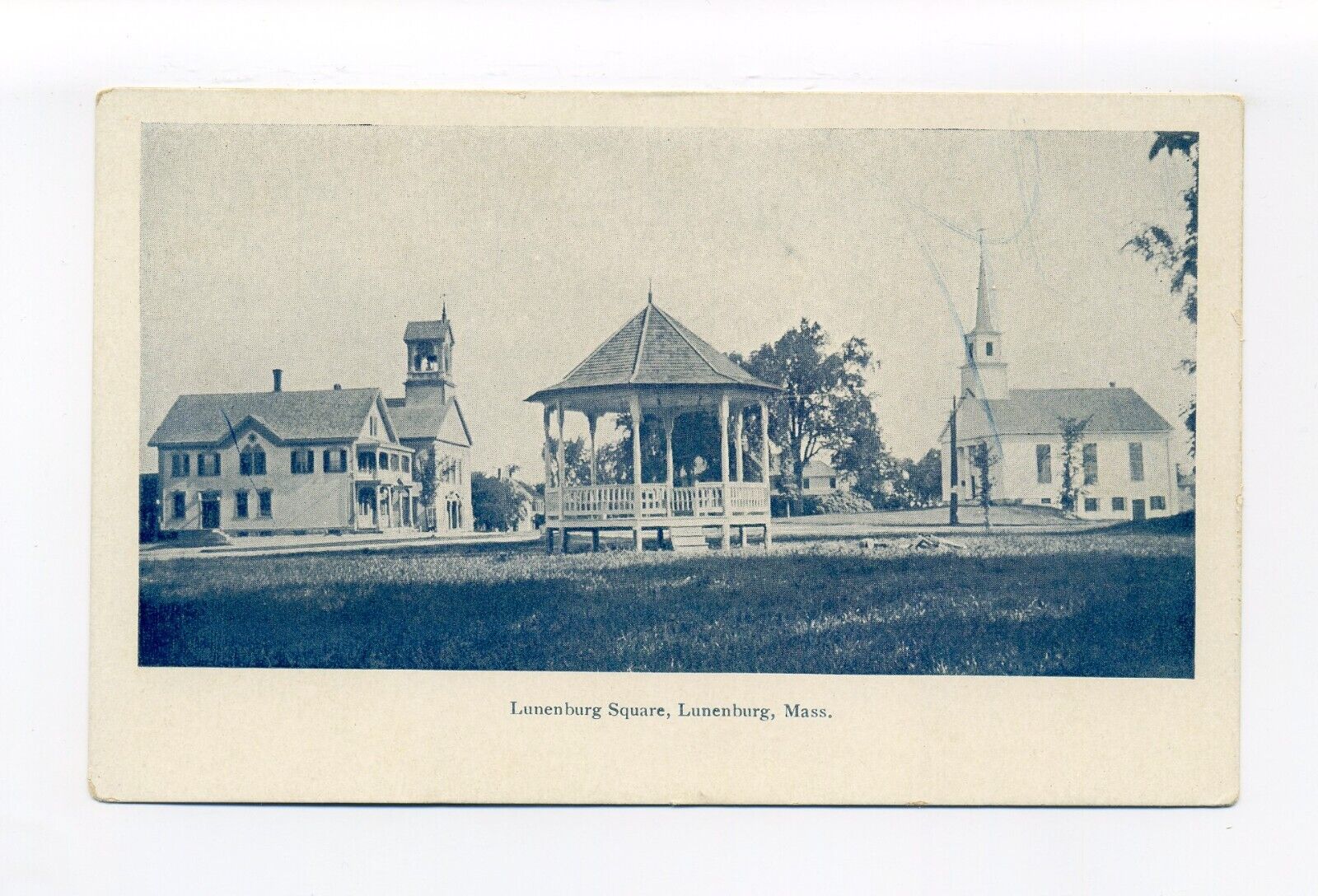 Lunenburg MA postcard, Lunenburg Square, gazebo, bell tower, church