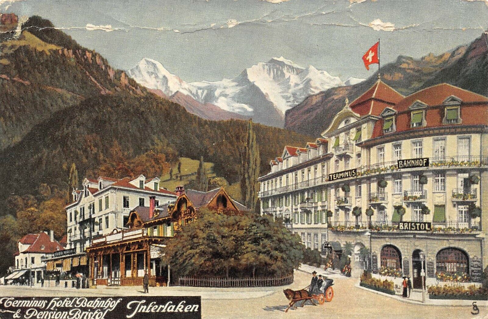 Early Interlaken Terminus Hotel Bahnhof & Pension Bristol, horse&buggy POSTCARD