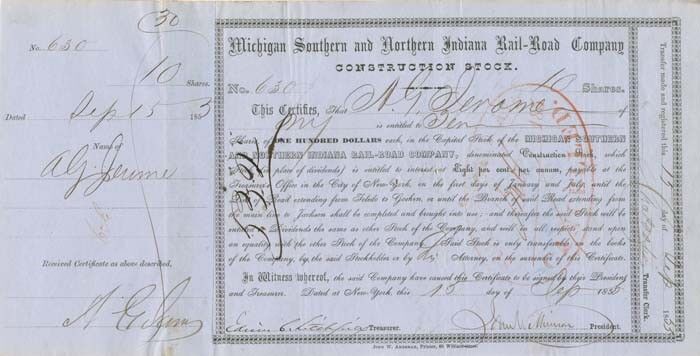 Addison G. Jerome signed Michigan Southern and Northern Indiana Rail-Road Co. - 