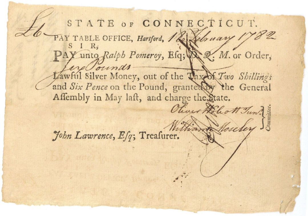 1782 dated Pay Order Signed by Jedediah Huntington and Oliver Wolcott Jr. - Conn