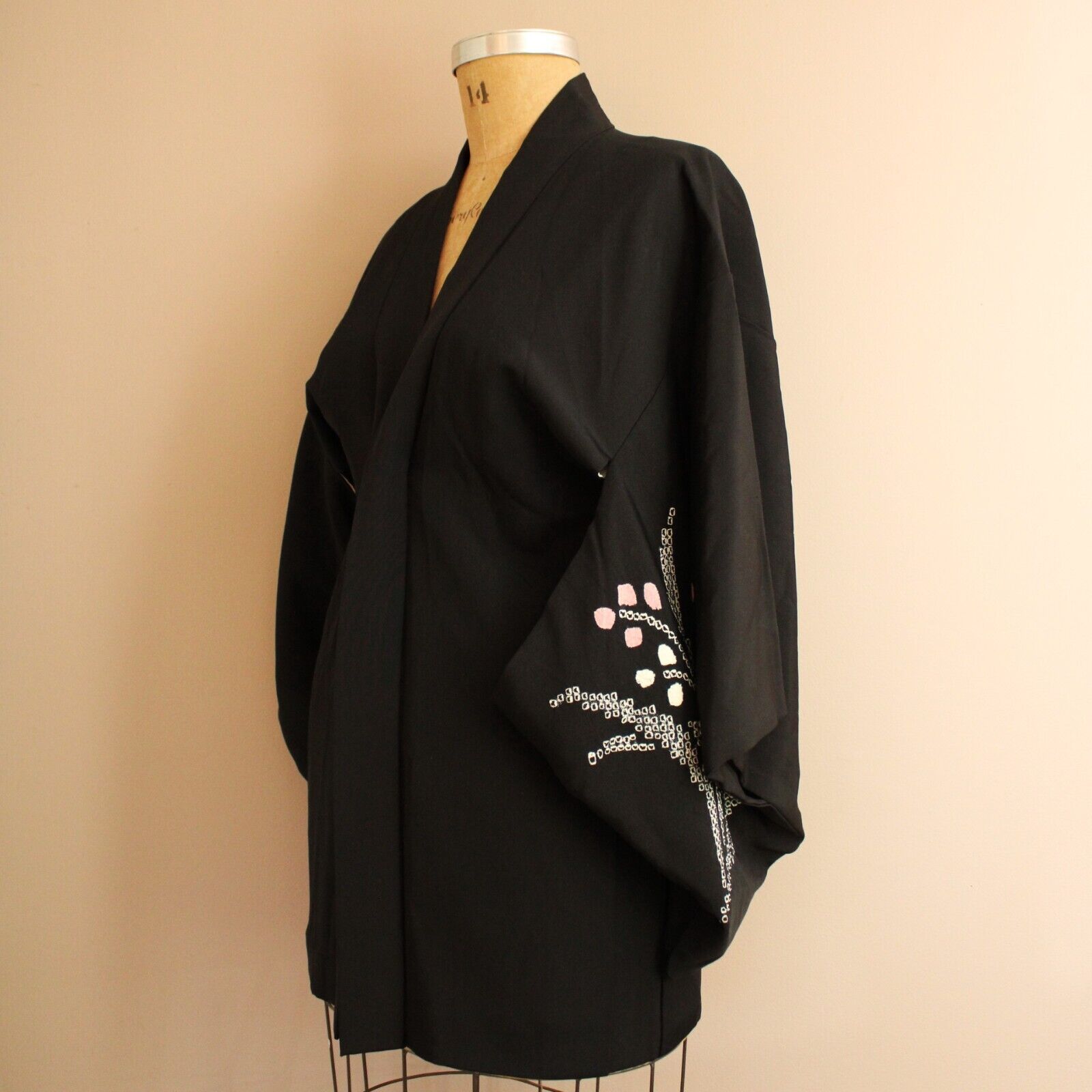 Vintage Black Silk Kimono, Black Japanese Floral, Sashiko, Shibori.