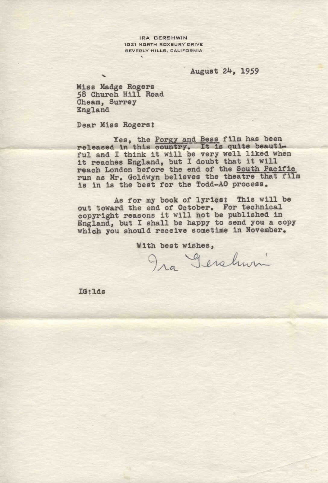 IRA GERSHWIN Autographed Signed LETTER South Pacific Porgy and Bess Lyricist