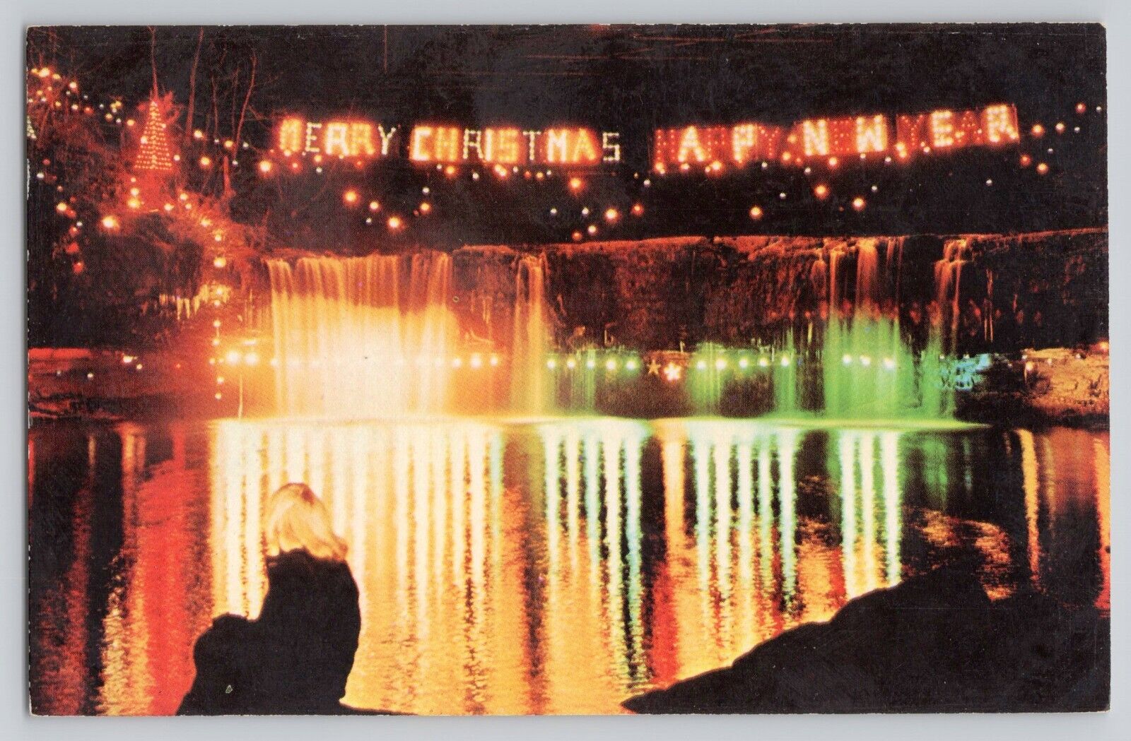 Annual Christmas Lighting Ludlow Falls Ohio Postcard Miami Valley Falls Bridge