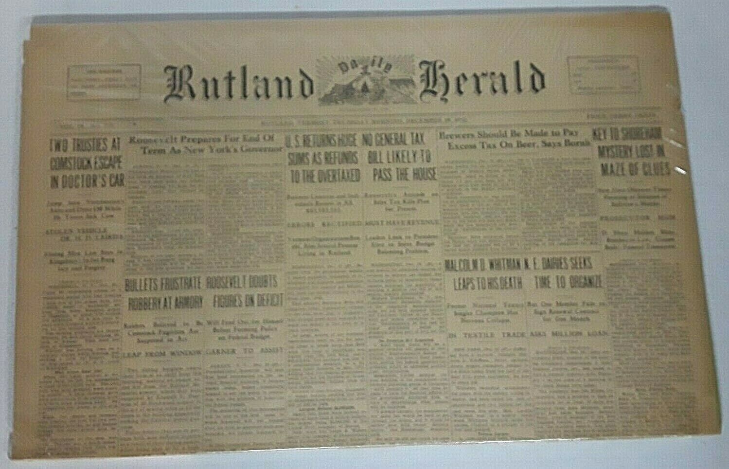 1932 The Rutland Herald Newspaper Vermont,Prohibition, Roosevelt End in NY