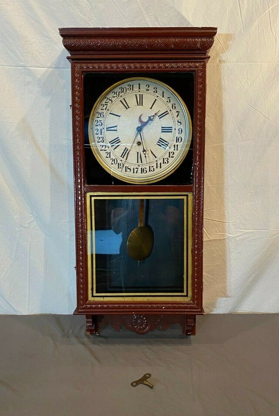 RARE Antique Sessions Clock Co. Oak Railroad Wall Calendar Regulator Clock LOOK