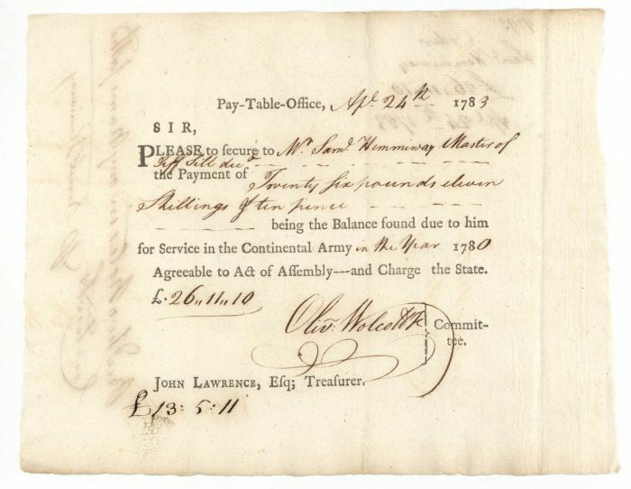 Signed by Oliver Wolcott Jr. - 1780\'s dated War Payment Order for Service in the