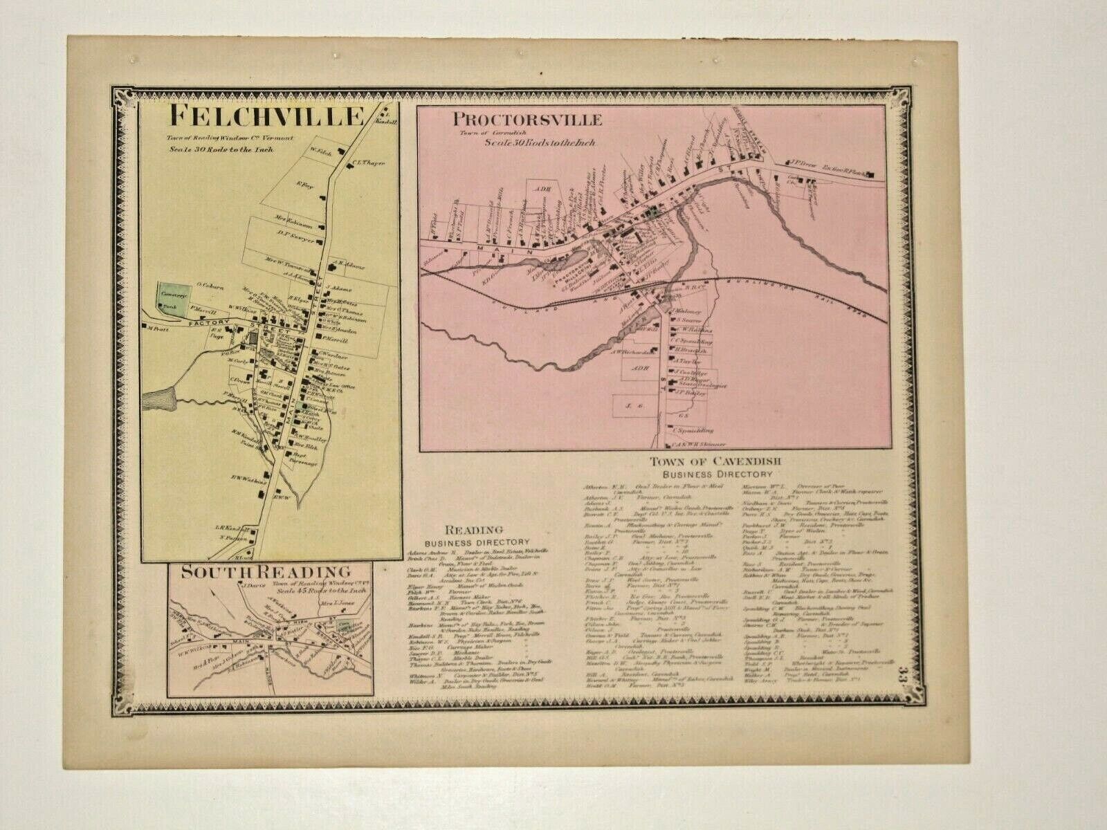 FELCHVILLE, PROCTORSVILLE & SOUTH READING, VT.,    HAND COLORED 1869 MAP.