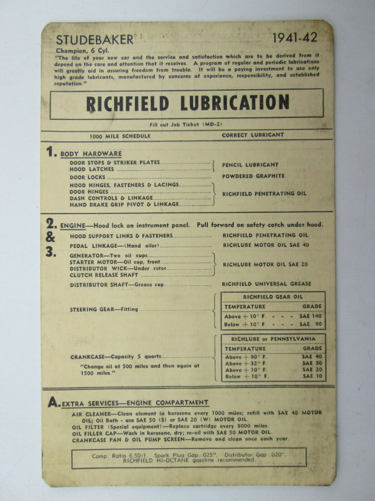 Richfield Lubrication Reference Card for Studebaker Champion 6 Cyl 1941 1942