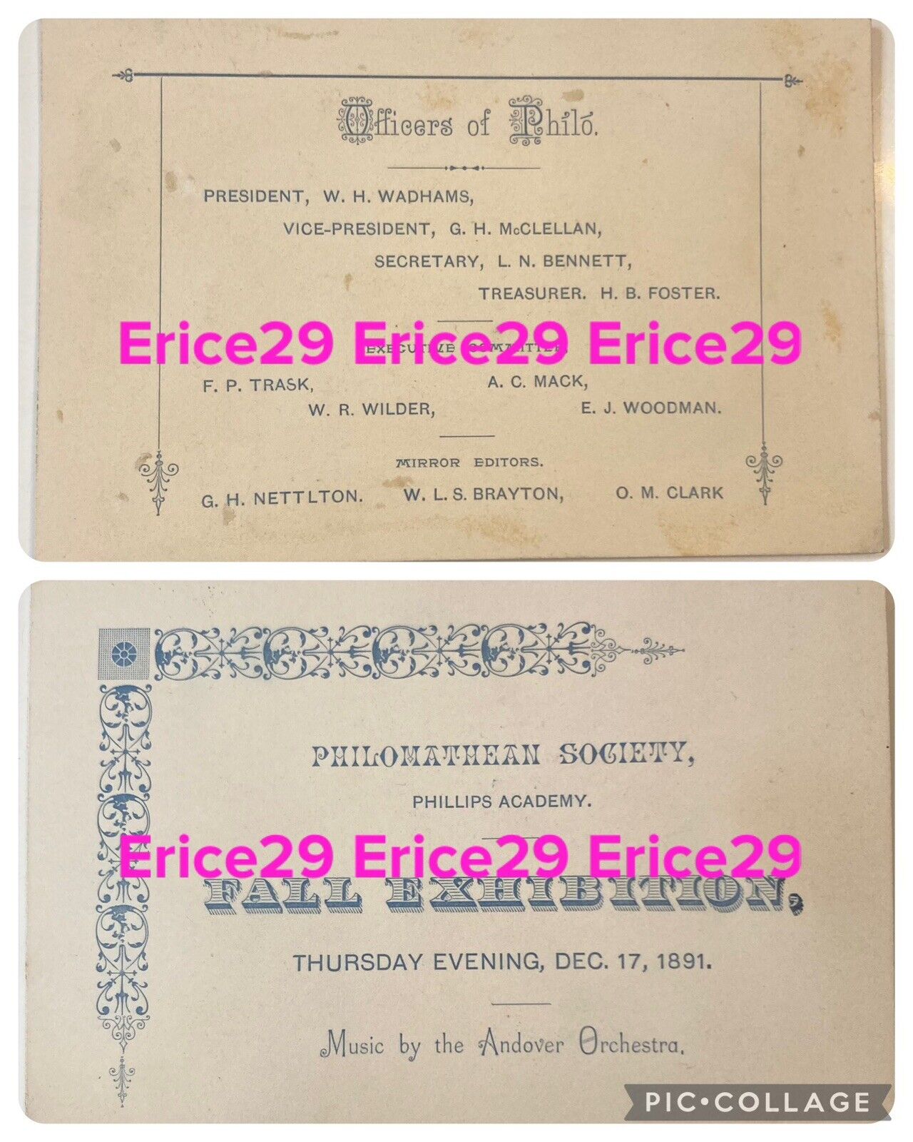 1891 Phillips Academy Andover Philomathean Society (Literary Society) Invitation