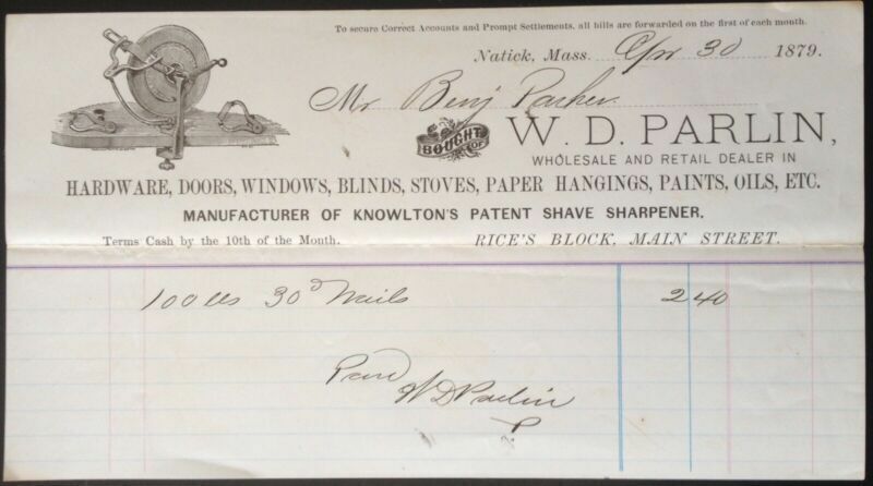 1879 BILLHEAD(A1)~W.D. PARLIN CO. NATICK, MASS. HARDWARE DOORS AND WINDOW DEALER