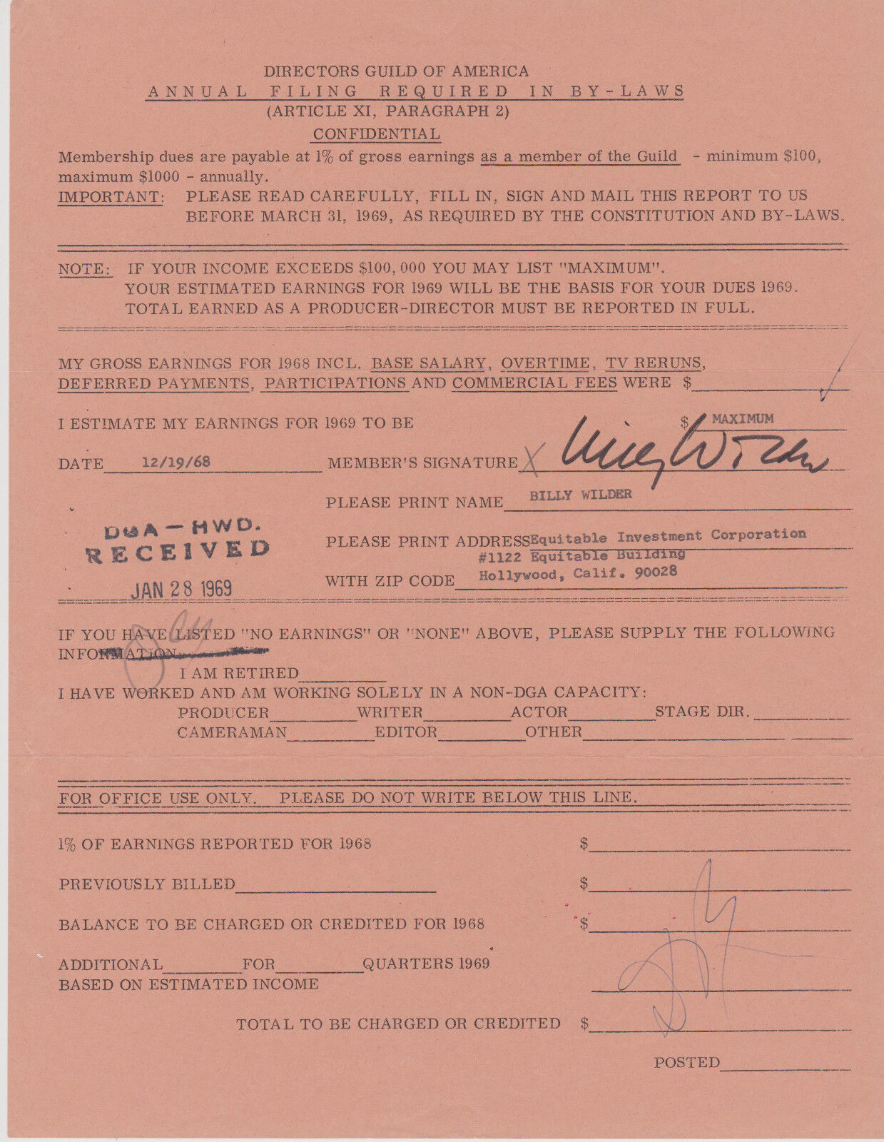 SIGNED 1969 BILLY WILDER DIRECTORS GUILD CONTRACT
