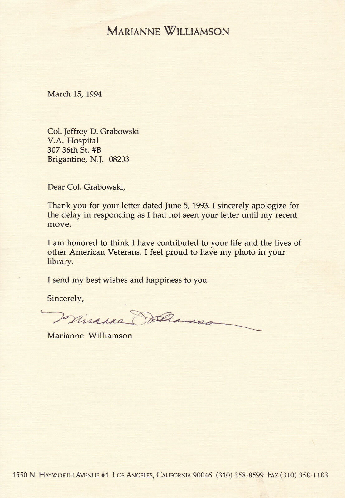 MARIANNE WILLIAMSON hand-signed TYPED 1994 LETTER authentic w/ UACC RD COA rare