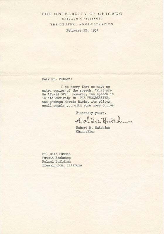 Robert M HUTCHINS / Typed Note Signed