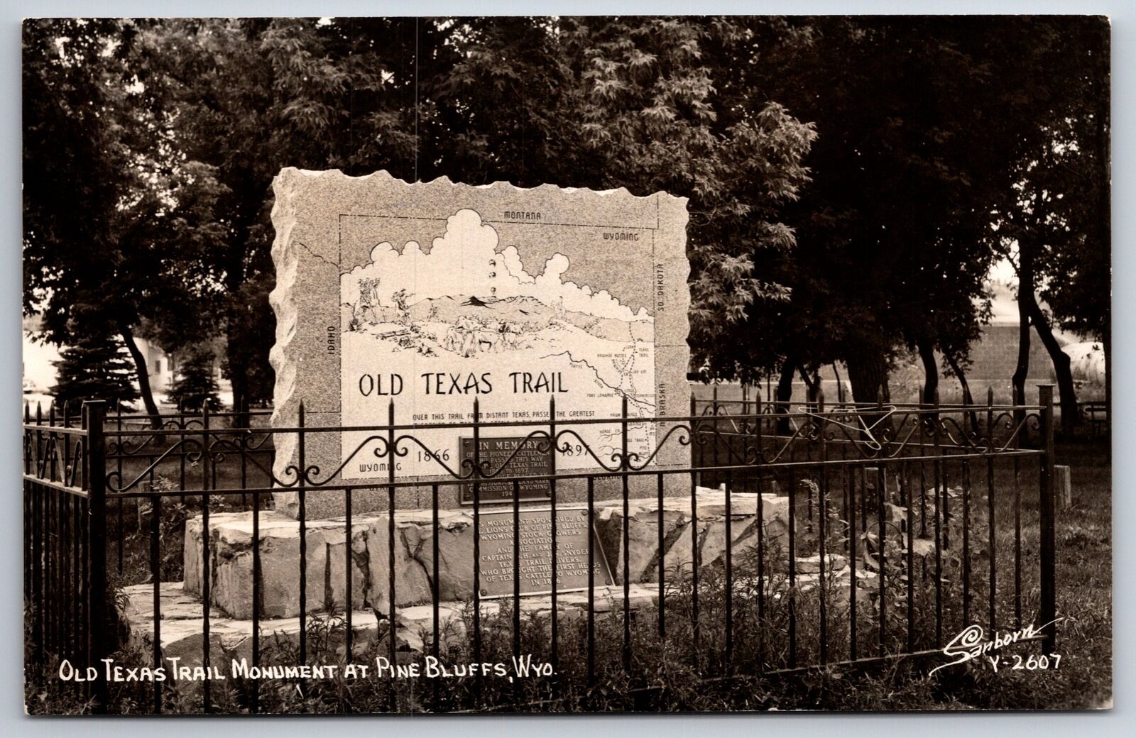 Pine Bluffs Wyoming~Old Texas Trail Monument~1950s Sanborn RPPC