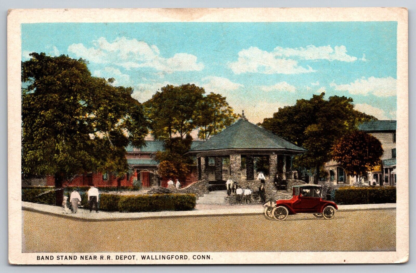 Postcard CT Band Stand Near Rail Road Depot Wallingford Connecticut A2