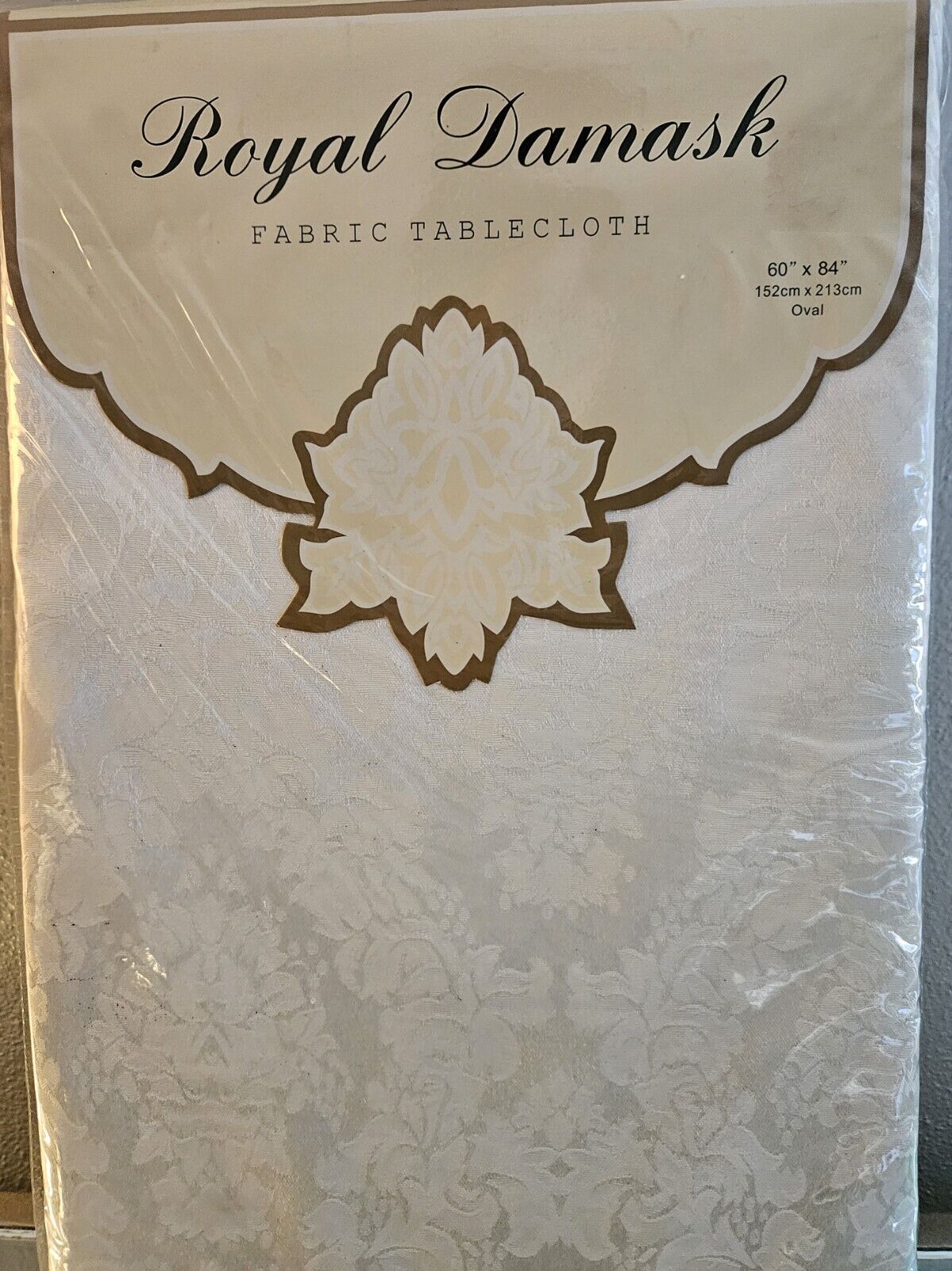 Vintage Royal Damask Ivory Tablecloth 60 × 84 Oval