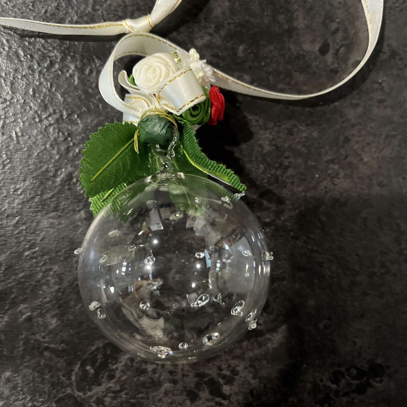 Vtg Hand Blown Clear Glass  Speckled Christmas Ornament Silk Flowers Red White