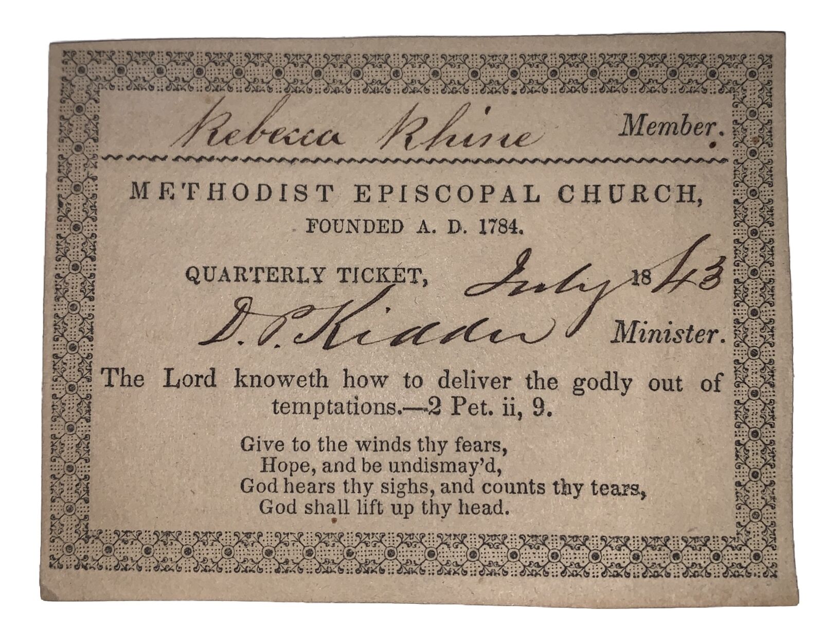METHODIST EPISCOPAL CHURCH QUARTERLY TICKET 1843, SIGNED by DANIEL PARISH KIDDER