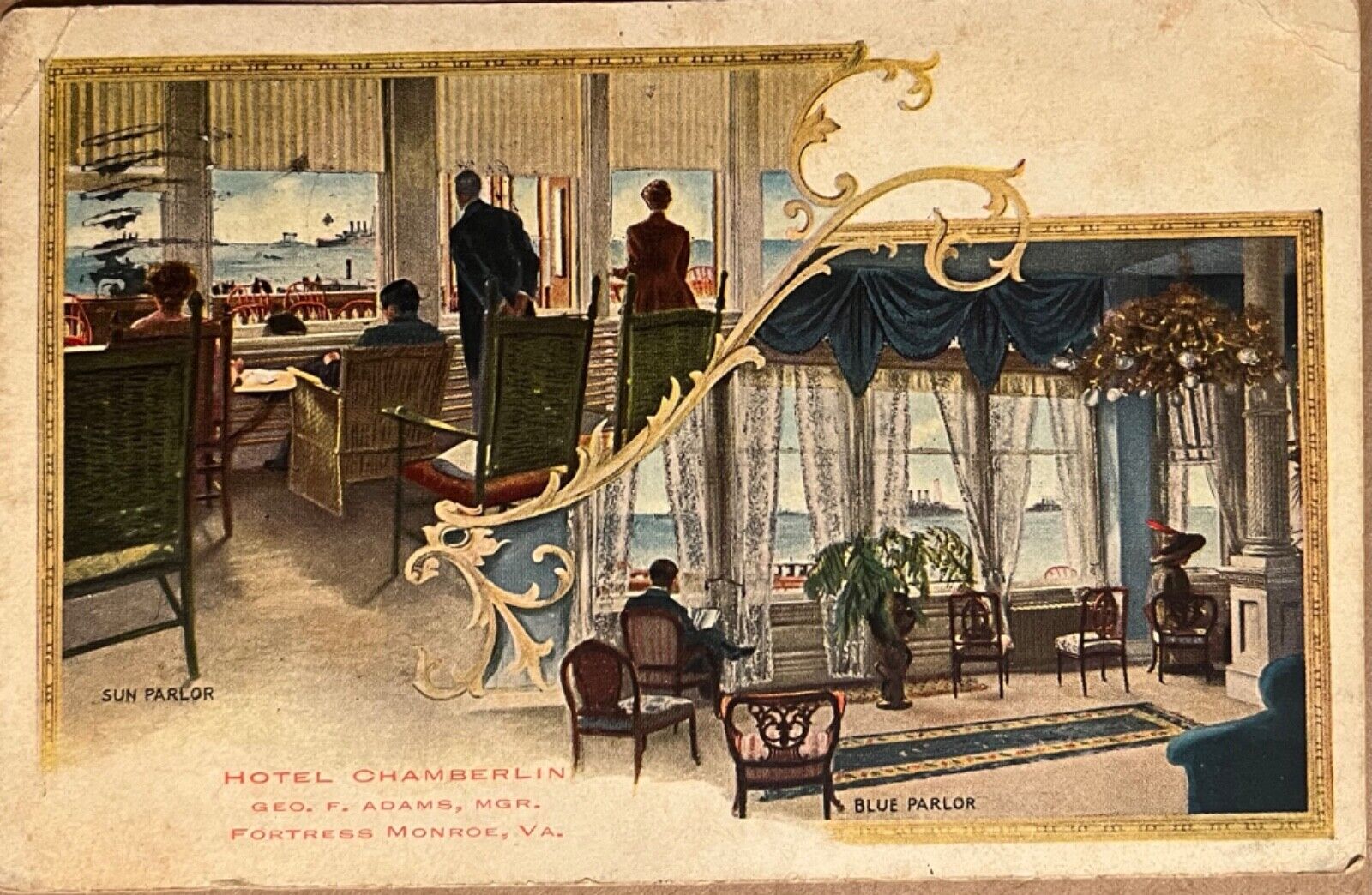Fort Monroe Hotel Chamberlin Interior Parlors Virginia Antique Postcard c1910