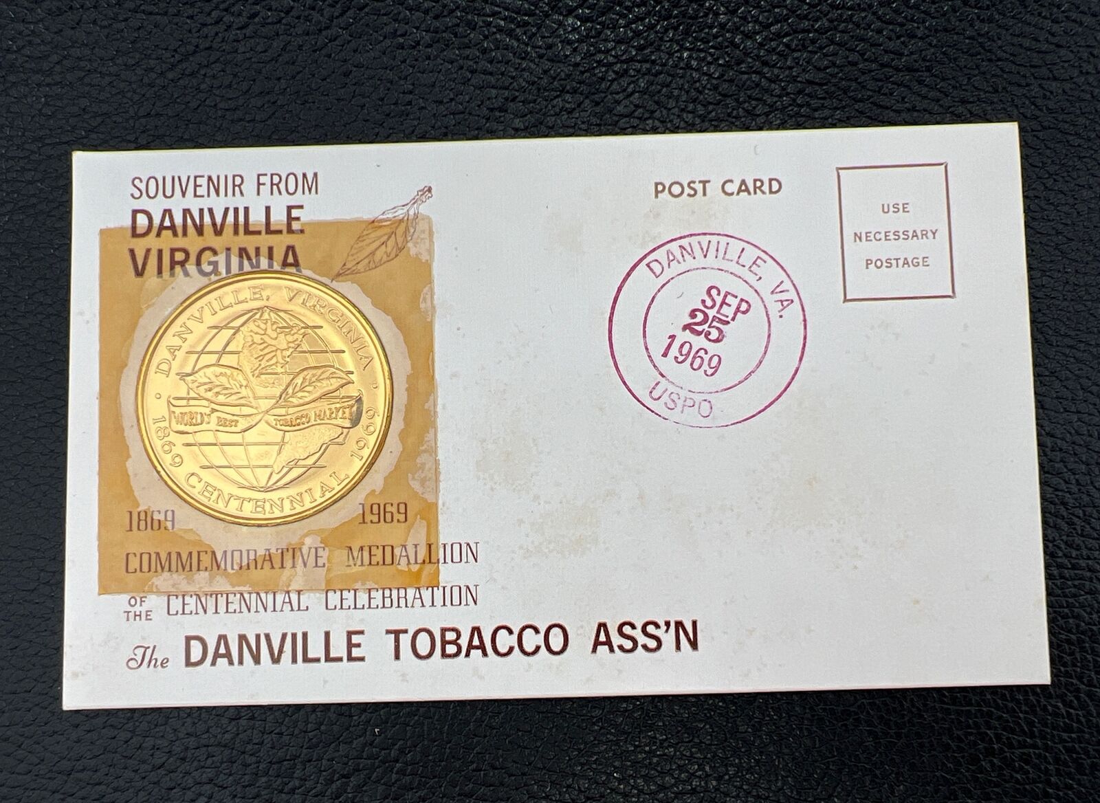Danville Virginia Tobacco 1869 Centennial 1969 Medallion Post Card 1969