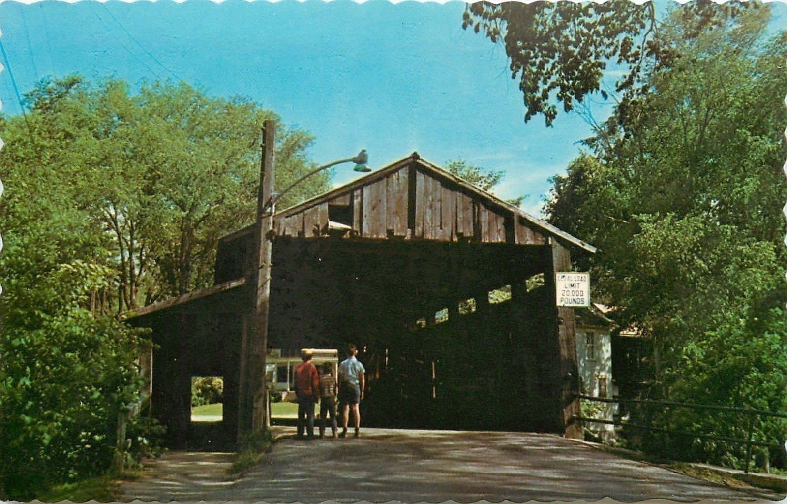 Waitsfield Vermont~Boys Looking at Old Covered Bridge 1950s Postcard