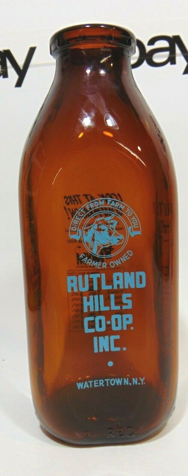 Rutland Hills Milk Dairy Bottle CO-OP Watertown NY Cow Cream Square Farm Vintage