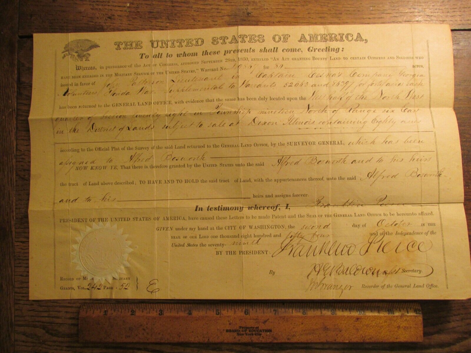 1854 Document LT Patterson Cesna Co GA Volunteers Florida War Franklin Pierce