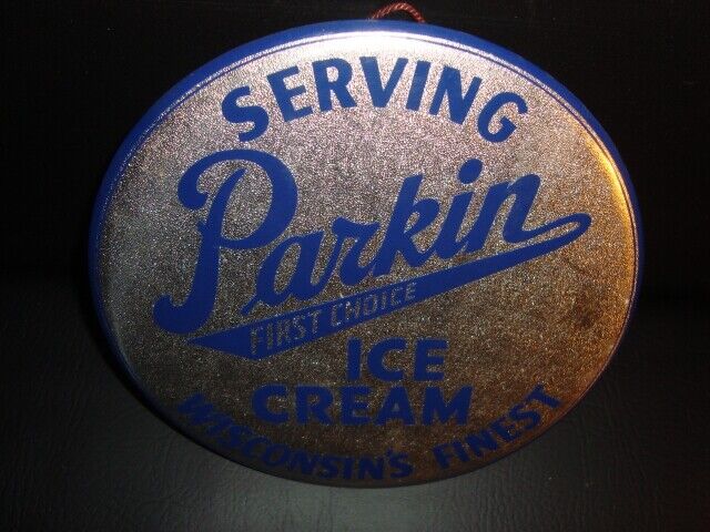 Circa 1940s Parkin Ice Cream 9-Inch Celluloid Button Sign, Marshfield, Wisconsin