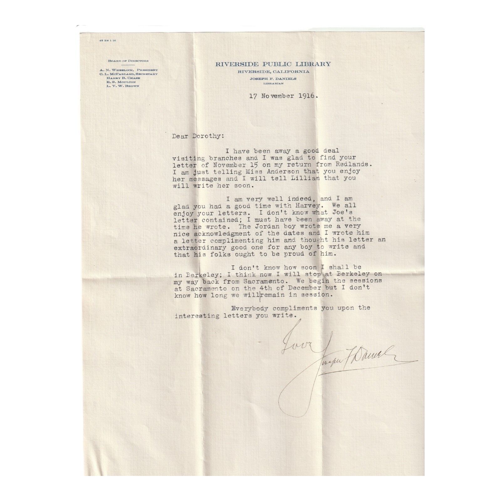 Joseph F Daniels Letter To Dorothy In Berkeley Nov 1916 Good Letters