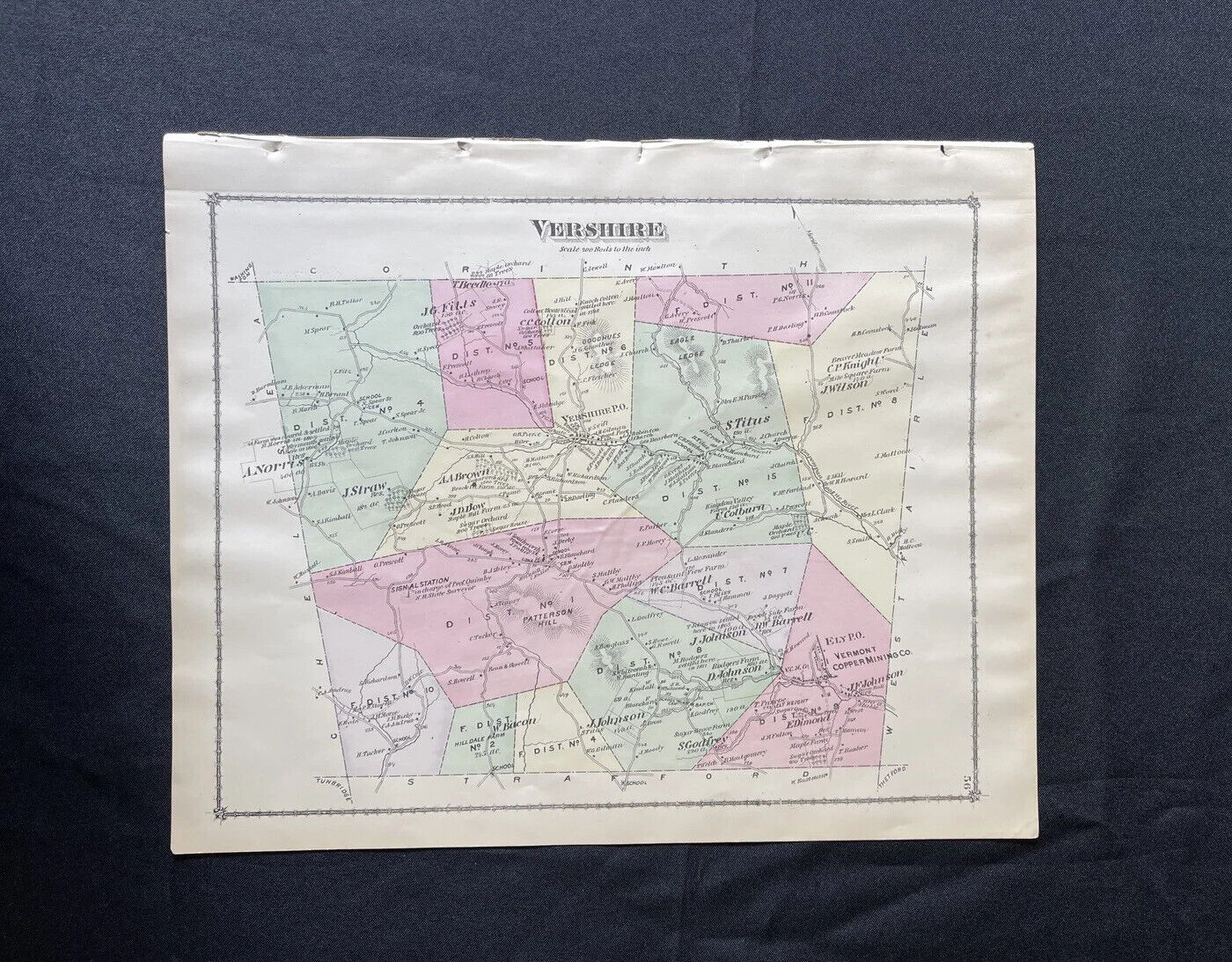 1877 Antique Map of Vershire Vermont Color Map VT by FW Beers ORIGINAL