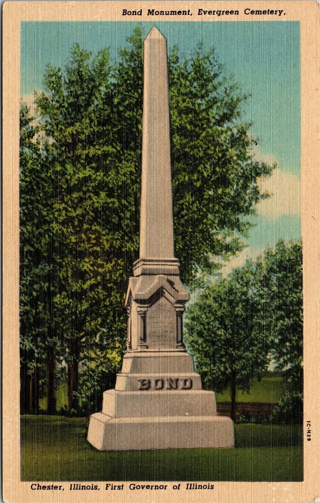 Bond Monument Evergreen Cemetery Chester Illinois IL c1951 Unposted Postcard