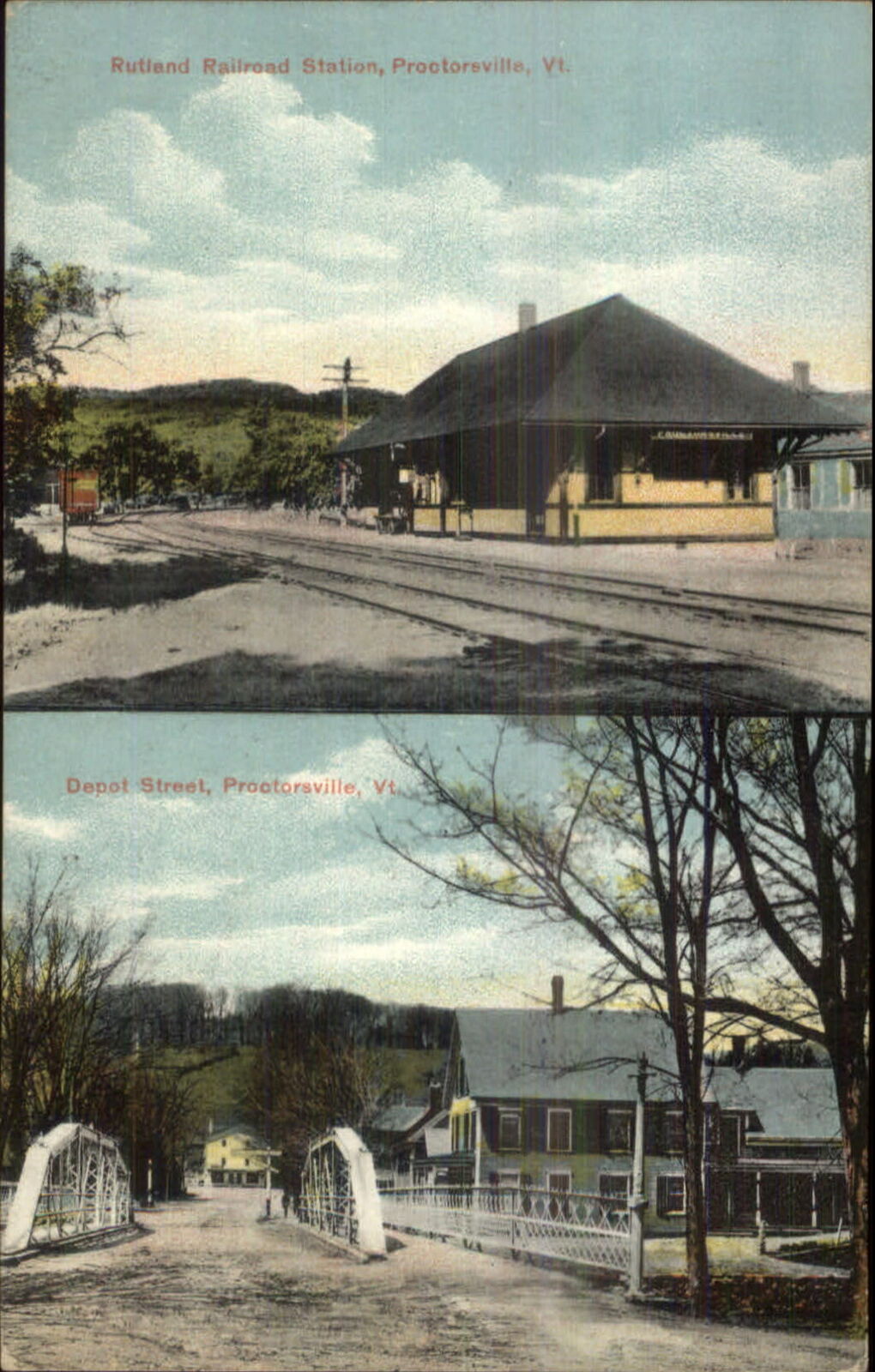Proctorsville VT Split View w/ RR Train Station Depot c1910 Postcard