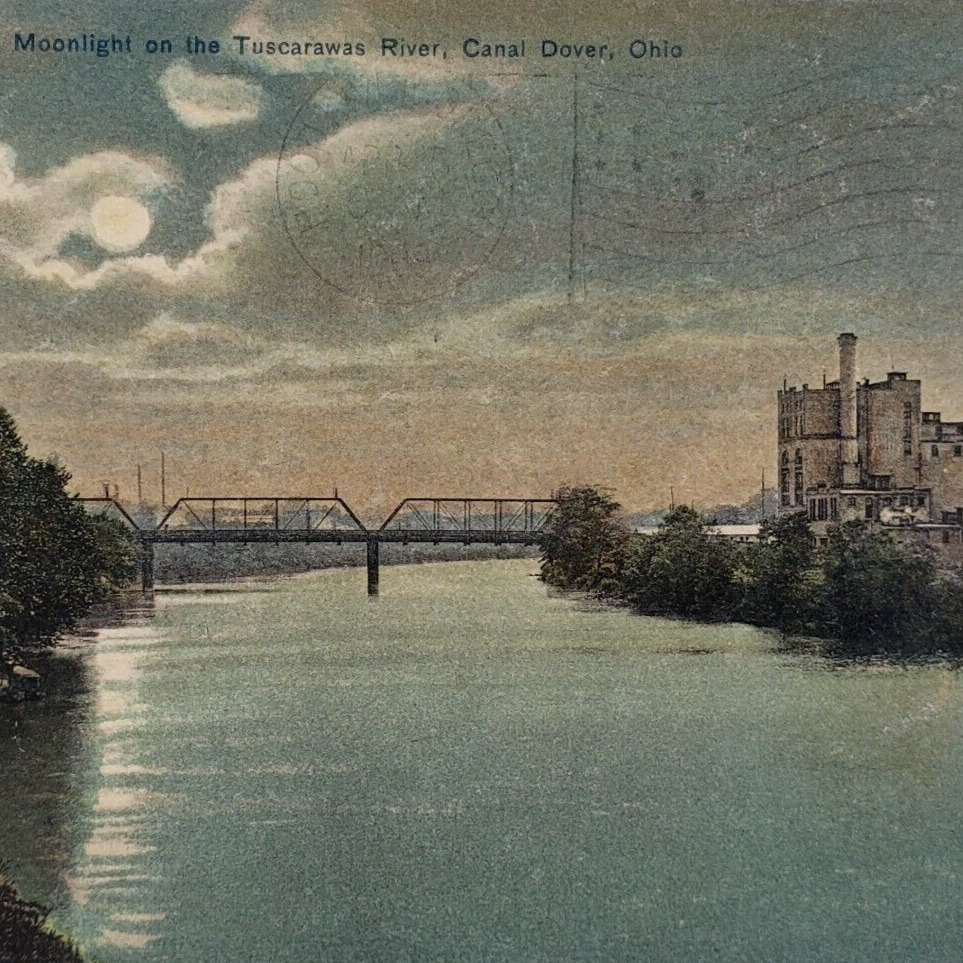 Moonlight Tuscarawas River Postcard c1909 Canal Dover Ohio Vintage Antique H442