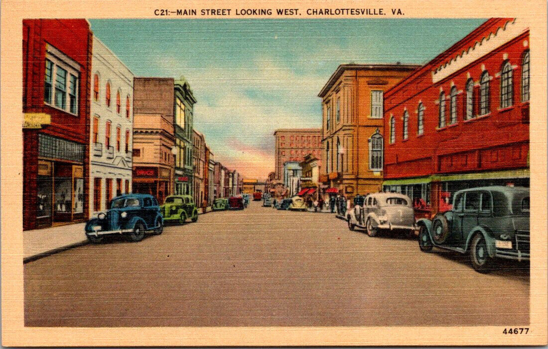 Postcard Charlottesville Virgina Main Street Looking West Buildings Cars  A22
