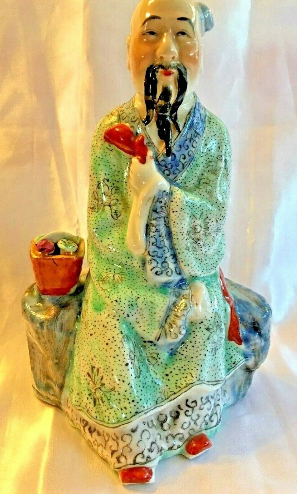 Antique Chinese Porcelain Man Figurine Sitting On Tree Trunk China Unsigned