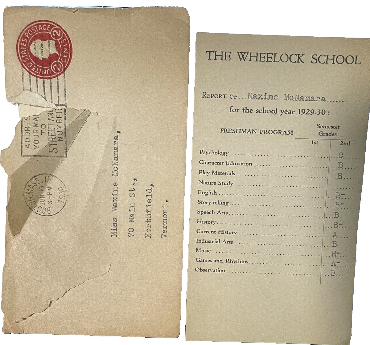 The Wheelock School Report Card 1929-1930 w/Envelope Maxine McNamara Boston MA