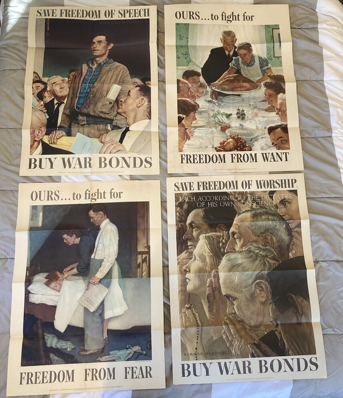 1943 Norman Rockwell WW2 Four Freedoms Complete Set Propaganda Posters 20”x28”