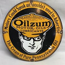 Oilzum Motor Oil White & Bagley Co Vintage Porcelain Sign Gas Station Garage picture