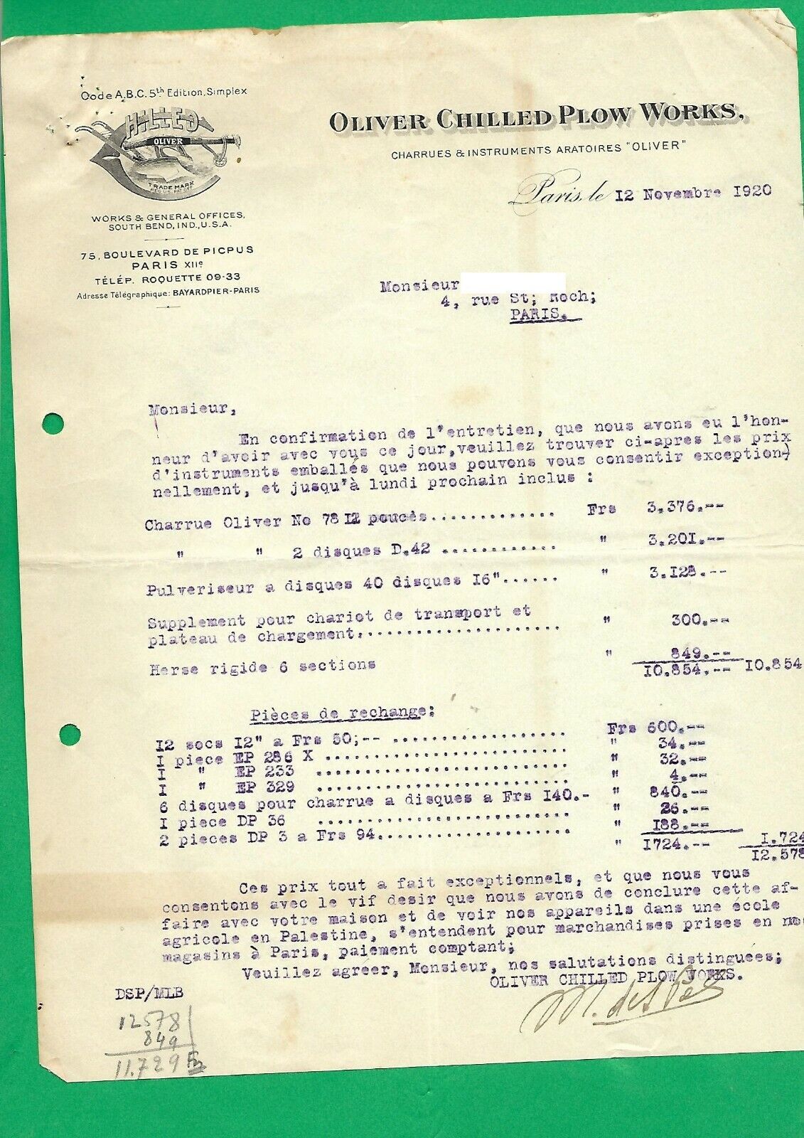 PALESTINE ORIGINAL DOCUMENT OLIVER CHIKKED PLOW WORKS  1920 + SIGNATURE +MARKS